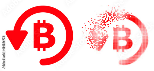 Dissolved pixelated bitcoin refund vector icon with wind effect, and original vector image. Pixel transformation effect for bitcoin refund shows speed and motion of cyberspace items.