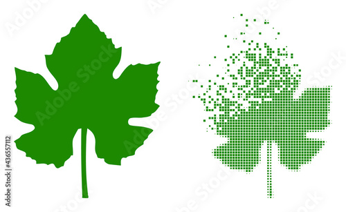 Dissolved dotted grape leaf vector icon with destruction effect, and original vector image. Pixel destruction effect for grape leaf shows speed and movement of cyberspace objects.