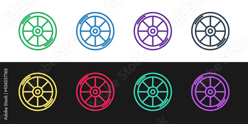 Set line Bicycle wheel icon isolated on black and white background. Bike race. Extreme sport. Sport equipment. Vector