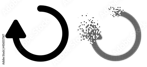 Dissolved dotted rotate right arrow vector icon with wind effect, and original vector image. Pixel dissolution effect for rotate right arrow shows speed and motion of cyberspace things.
