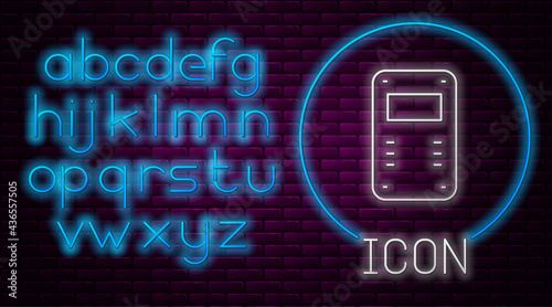 Glowing neon line Police assault shield icon isolated on brick wall background. Neon light alphabet. Vector