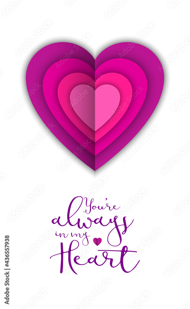 Happy Valentine's Day greeting banner in paper cut realistic style. Pink paper heart. Calligraphy text.