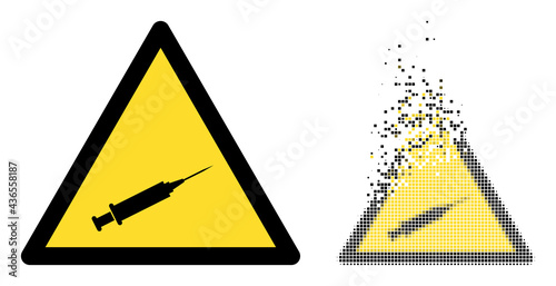 Fractured dotted syringe warning vector icon with wind effect, and original vector image. Pixel disintegration effect for syringe warning demonstrates speed and movement of cyberspace matter.