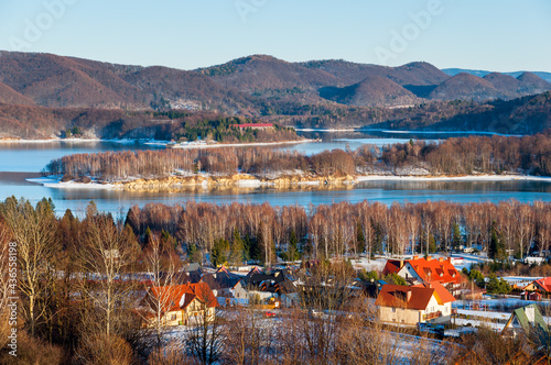 Solińskie Lake seen from the viewpoint in Polańczyk. Polanczyk, Solina, Bieszczady Mountains.