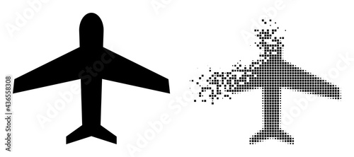 Dispersed pixelated airplane vector icon with destruction effect, and original vector image. Pixel fragmentation effect for airplane demonstrates speed and motion of cyberspace abstractions.