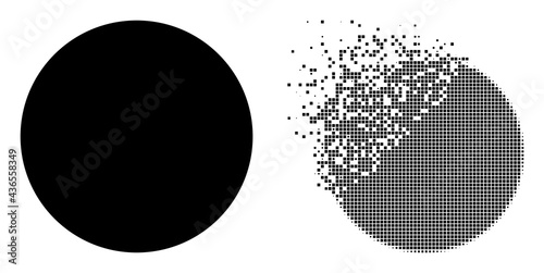 Dispersed dotted circle vector icon with destruction effect, and original vector image. Pixel disintegration effect for circle shows speed and movement of cyberspace items.