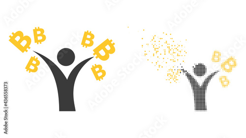 Fractured dotted bitcoin man vector icon with wind effect, and original vector image. Pixel fragmentation effect for bitcoin man shows speed and motion of cyberspace concepts.