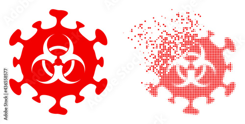 Dispersed dot biohazard coronavirus vector icon with wind effect, and original vector image. Pixel degradation effect for biohazard coronavirus demonstrates speed and movement of cyberspace items.