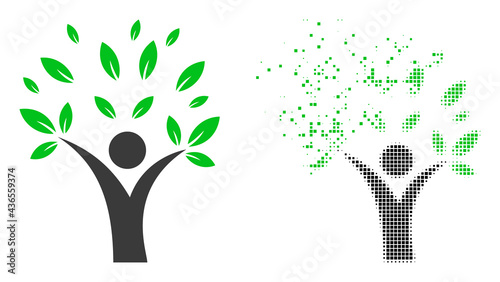 Dispersed dot ecology man vector icon with wind effect, and original vector image. Pixel dissipating effect for ecology man shows speed and motion of cyberspace concepts.