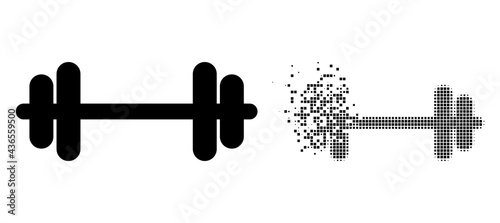 Fractured pixelated barbell vector icon with wind effect, and original vector image. Pixel disintegration effect for barbell demonstrates speed and movement of cyberspace matter.