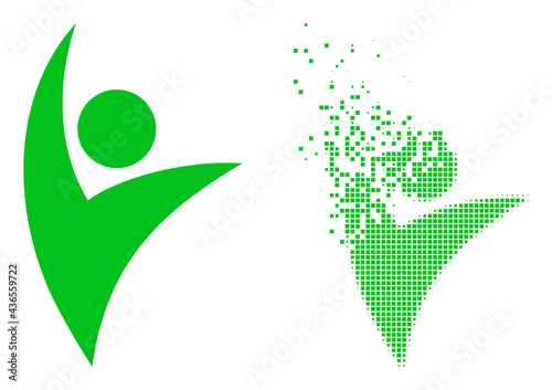 Dispersed dot eco man vector icon with wind effect, and original vector image. Pixel dematerialization effect for eco man demonstrates speed and movement of cyberspace abstractions. photo