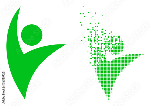 Dispersed dot eco man vector icon with wind effect, and original vector image. Pixel dematerialization effect for eco man demonstrates speed and movement of cyberspace abstractions.