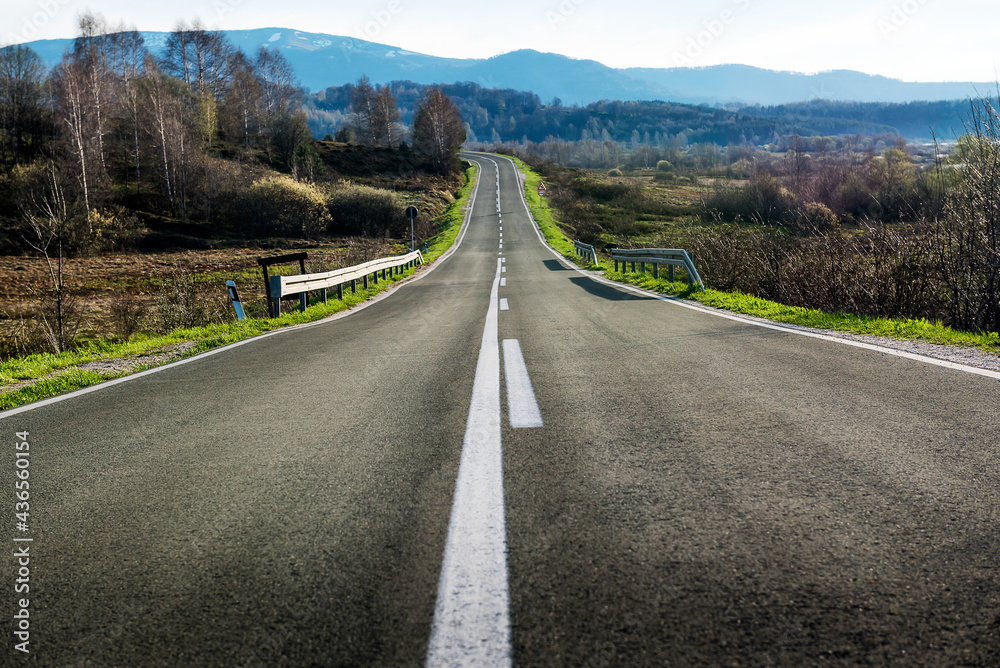 Fototapeta premium Straight rural road at bright blue day. Countryside landscape