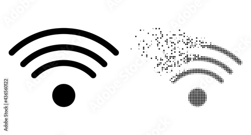 Dispersed pixelated wi-fi source vector icon with wind effect, and original vector image. Pixel erosion effect for wi-fi source shows speed and movement of cyberspace things.