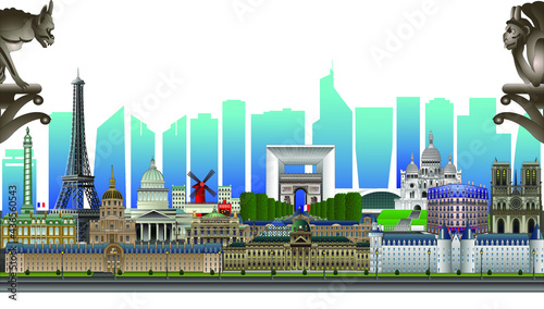 Paris skyline and landmarks, with blue skyscrapers silhouettes on the background, vector illustration