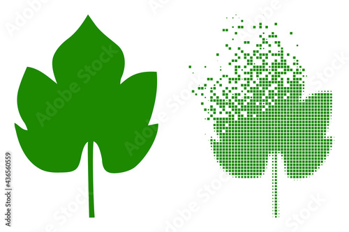 Dispersed dotted grapes leaf vector icon with destruction effect, and original vector image. Pixel disintegration effect for grapes leaf demonstrates speed and motion of cyberspace items.