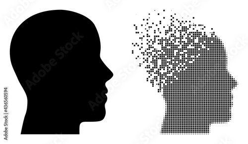 Dissolved pixelated man profile vector icon with destruction effect, and original vector image. Pixel degradation effect for man profile shows speed and motion of cyberspace items.