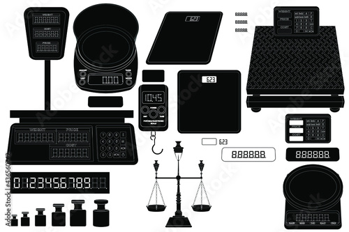 Scales and weight measuring equipment, vector set of black and white icons