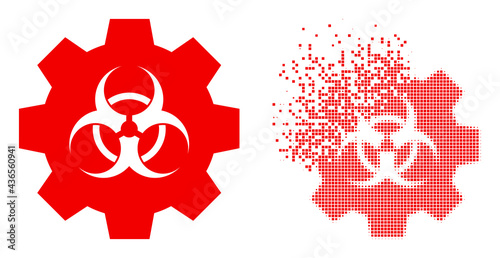 Dispersed dotted biohazard industry vector icon with wind effect, and original vector image. Pixel destruction effect for biohazard industry demonstrates speed and movement of cyberspace matter.