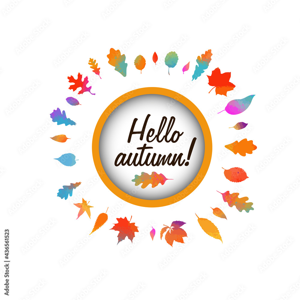 Round frame made from leaves. Floral frame. Mixed media. Hello, autumn. Vector illustration
