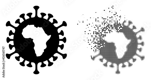 Dispersed pixelated African virus vector icon with destruction effect, and original vector image. Pixel dematerialization effect for African virus shows speed and motion of cyberspace objects.