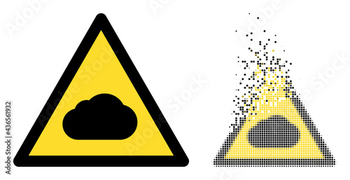 Dissolved pixelated fog warning vector icon with wind effect, and original vector image. Pixel degradation effect for fog warning shows speed and motion of cyberspace objects.