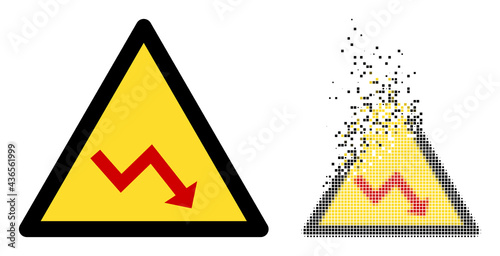Dispersed dot recession warning vector icon with wind effect, and original vector image. Pixel mist effect for recession warning shows speed and motion of cyberspace abstractions.