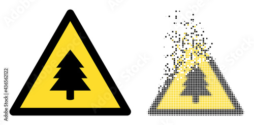 Dispersed dotted fir-tree warning vector icon with wind effect, and original vector image. Pixel dispersing effect for fir-tree warning shows speed and motion of cyberspace matter.
