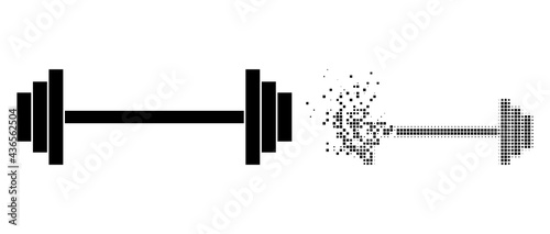 Dispersed dotted barbell vector icon with destruction effect, and original vector image. Pixel disintegrating effect for barbell shows speed and movement of cyberspace concepts.