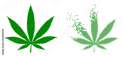 Dispersed pixelated cannabis vector icon with wind effect, and original vector image. Pixel abrasion effect for cannabis demonstrates speed and movement of cyberspace items.