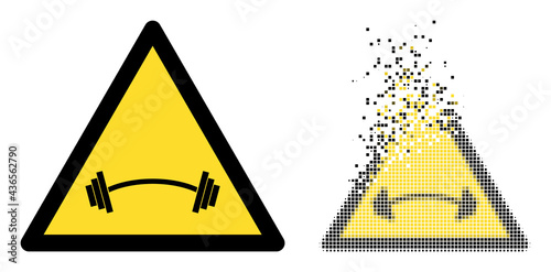Dispersed pixelated heavy barbell warning vector icon with destruction effect, and original vector image.