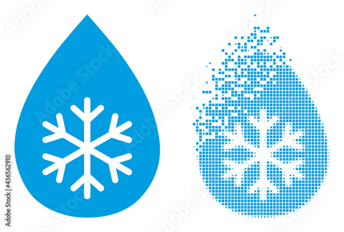 Dissolved pixelated snow fresh drop vector icon with destruction effect, and original vector image.