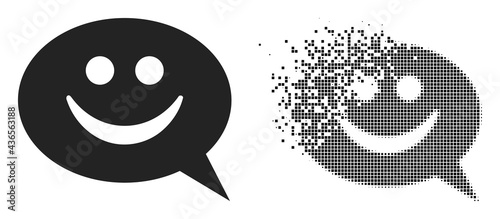 Dispersed dot happy message vector icon with wind effect, and original vector image. Pixel explosion effect for happy message demonstrates speed and motion of cyberspace things.