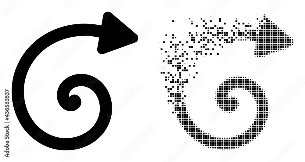 Dissolved dotted spiral arrow vector icon with wind effect, and original vector image. Pixel disintegration effect for spiral arrow demonstrates speed and movement of cyberspace things.