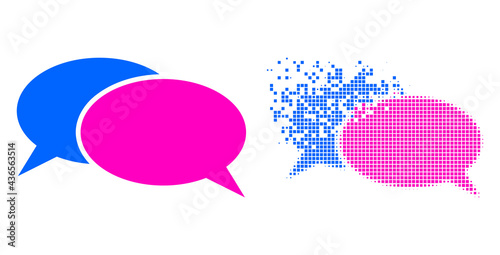 Dispersed pixelated chat vector icon with wind effect, and original vector image. Pixel degradation effect for chat demonstrates speed and motion of cyberspace concepts.