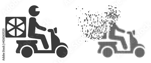 Dispersed dotted pizza motorbike delivery vector icon with destruction effect, and original vector image.