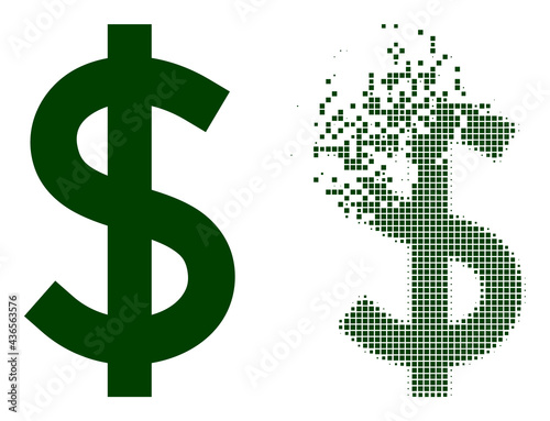 Dispersed dotted dollar vector icon with wind effect, and original vector image. Pixel disintegrating effect for dollar demonstrates speed and motion of cyberspace matter.