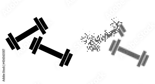 Fractured dotted barbells vector icon with destruction effect, and original vector image. Pixel disappearing effect for barbells demonstrates speed and movement of cyberspace matter.