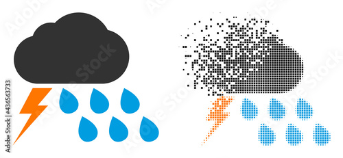 Fractured dotted thunderstorm weather vector icon with destruction effect, and original vector image.