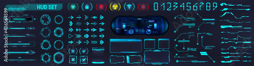 Blue HUD and Sci-fi UI collection elements - Futuristic circle, Frames, Callouts titles, loading bars, arrows, holograms VR, icons, bar labels and lines. HUD collection for UI, UX, GUI design. Vector photo