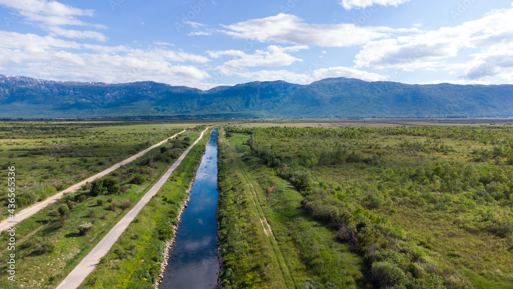 Aerial drone view of Irrigation channel in the field. Drainage River channel in nature. 
