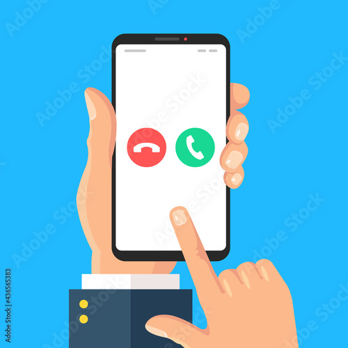 Phone call. Hand holding mobile phone with accept and decline call buttons on screen. Smartphone and incoming call. Modern vector illustration