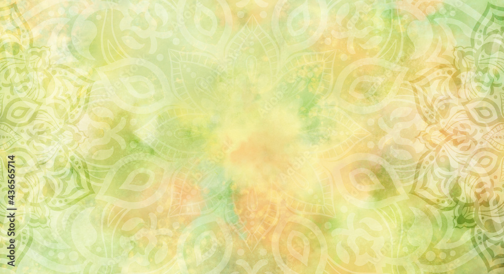 Bright pastel lime green, yellow and orange watercolour background with mandalas