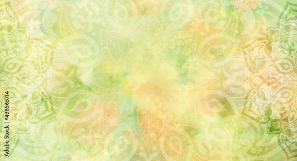 Bright pastel lime green, yellow and orange watercolour background with mandalas Bright pastel lime green, yellow and orange watercolour background with mandalas