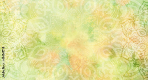 Bright pastel lime green, yellow and orange watercolour background with mandalas