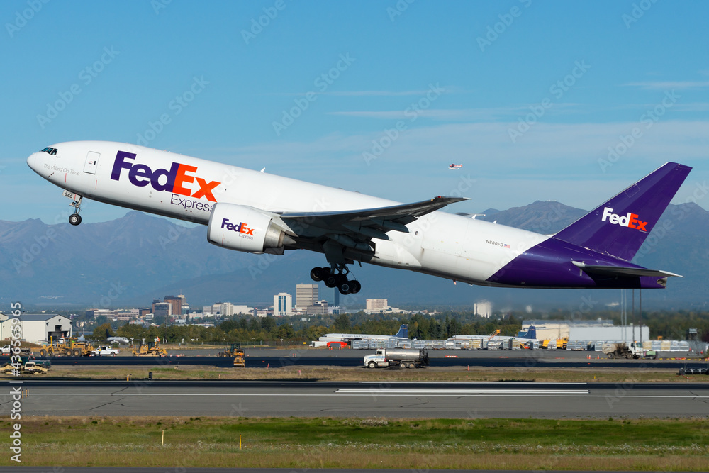 FedEx Boeing 777 taking off from Ted Stevens Airport (ANC / PANC), the