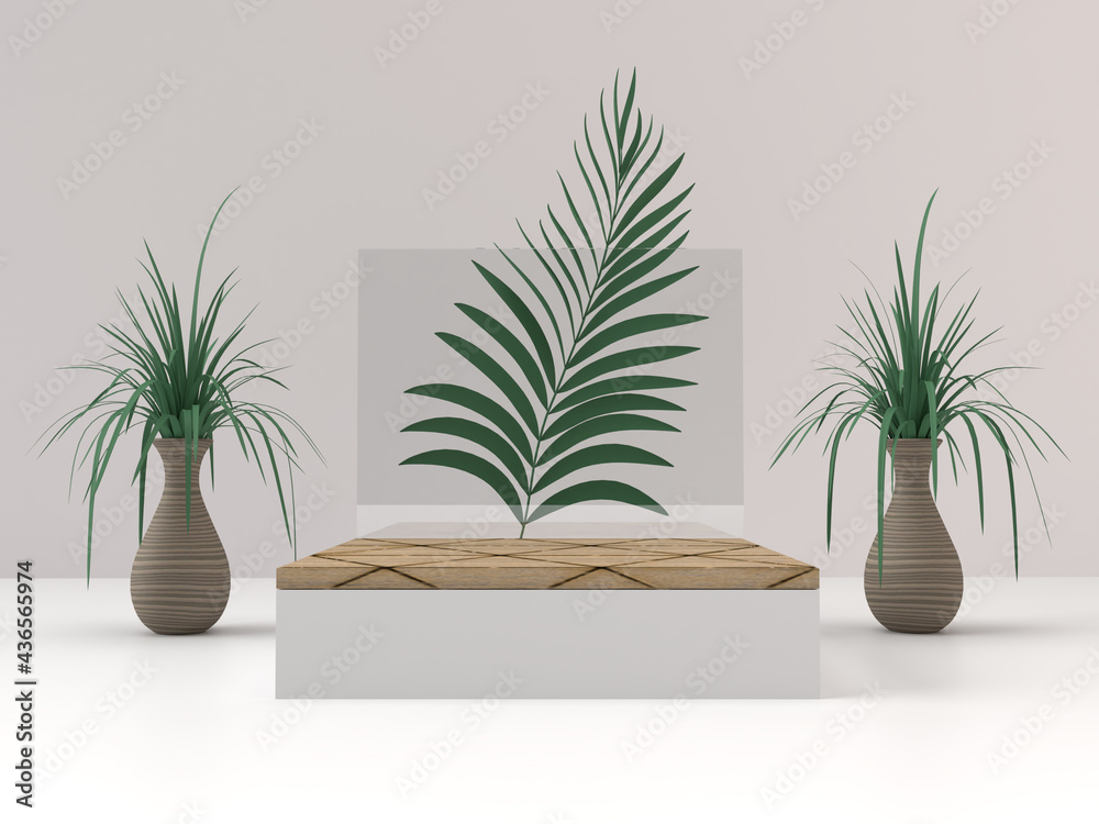 Product stand decorated with a vase on 2 sides and a green leaf on the back Product stand decorated with a vase on 2 sides and a green leaf on the back