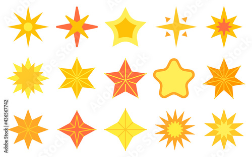 Decorating a childrens room  dishes  bed linen. Bright star stickers flat vector isolated on white background. Abstract falling stars. Label. Figure  shapes with corners.