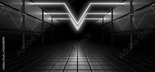 Fototapeta Naklejka Na Ścianę i Meble -  A dark tunnel lit by white neon lights. Reflections on the floor and walls. 3d rendering image.