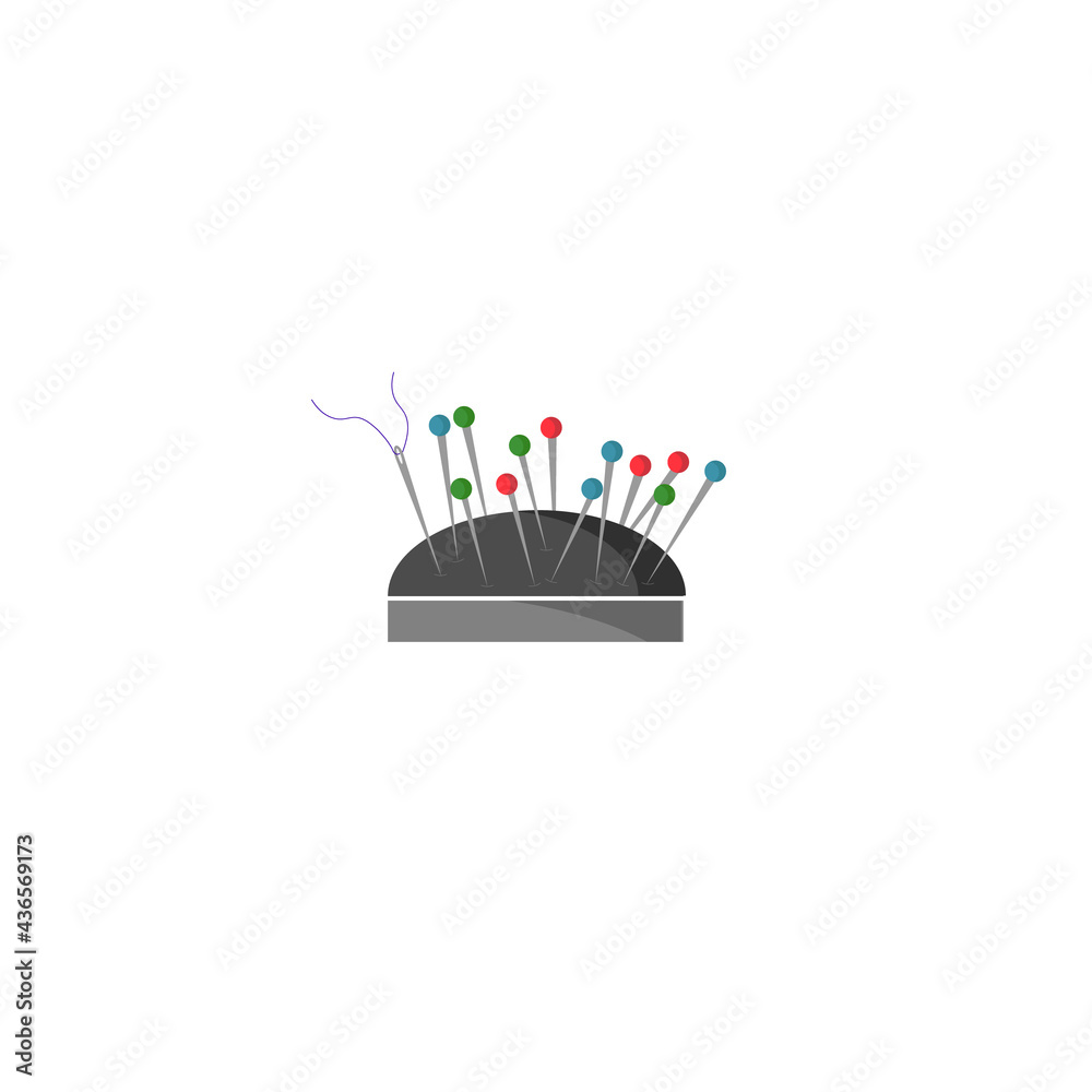 Obraz premium Pincushion and needles. Card template for use in the garment industry and clothing boutiques. Vector illustration. For logos and business cards, icons, tailor shops, tailor labels and magazine covers.